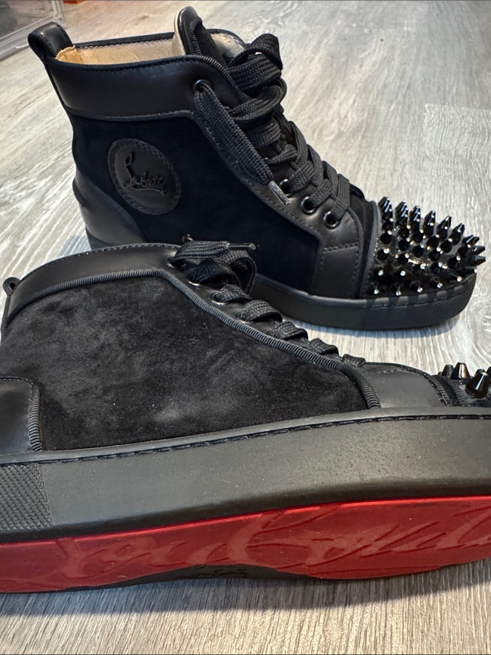 Christian Louboutin Black Studded High-Top Sneakers with Red Sole